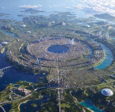 Aerial view of a circular futuristic city with sustainable architecture built around a central lake and islands.