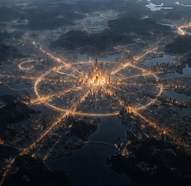 Aerial view of a glowing futuristic circular city at night with illuminated skyscrapers and radial bridges.
