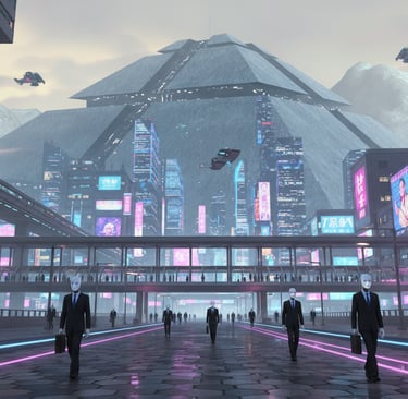 Futuristic cyberpunk city with neon signs and businessmen in white masks walking past a pyramid megastructure.