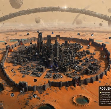 Aerial view of Roguehold Citadel, a futuristic walled sci-fi city on a desert planet with orbital rings.