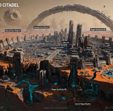 Concept art of Roguehold Citadel on Mars showing a futuristic sci-fi colony with subterranean tunnels and a massive ring.