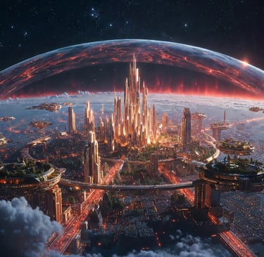 A futuristic glowing metropolis with golden skyscrapers protected by a giant energy dome in space.