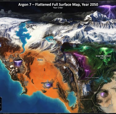 A detailed 2050 fantasy map of Argon 7 featuring snowy mountains, desert regions, and a Great Mushroom Forest.