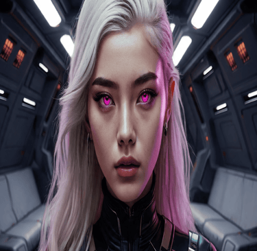 Futuristic sci-fi portrait of a white-haired woman with glowing pink eyes on a spaceship.