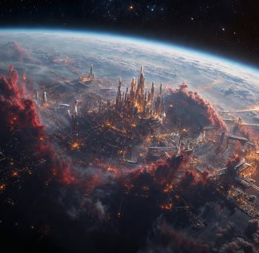 A glowing futuristic city on Earth viewed from space with red clouds and city lights.