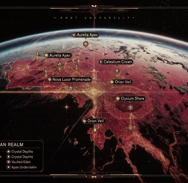 Digital holographic planet map showing locations like Orion Veil and Elysium Shore in the Subterranean Realm.