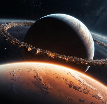 A futuristic space station ring orbiting two detailed planets in a vast, dark galaxy.