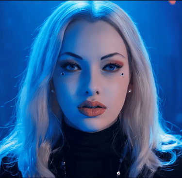 A blonde woman with blue eyes and aesthetic makeup in a cinematic blue-lit cyberpunk setting.