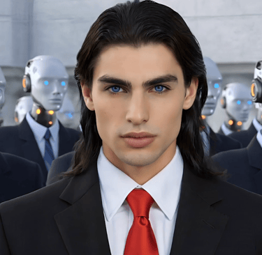 A man in a suit with a red tie leading a group of futuristic robots in business attire.