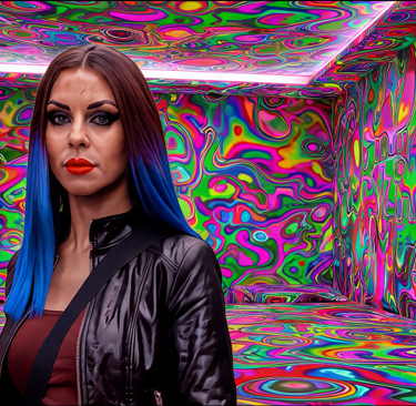 A woman with blue ombre hair in a room with psychedelic neon patterns and colorful swirl walls.