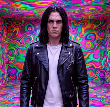 A man in a black leather jacket standing in a room with vibrant psychedelic swirl wallpaper.