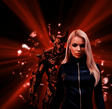 Blonde woman in black leather jacket standing before a demonic horned figure with red light rays.
