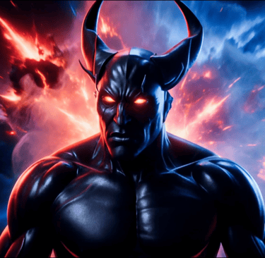 Powerful muscular demon with glowing orange eyes and black horns amidst a cosmic fire explosion.