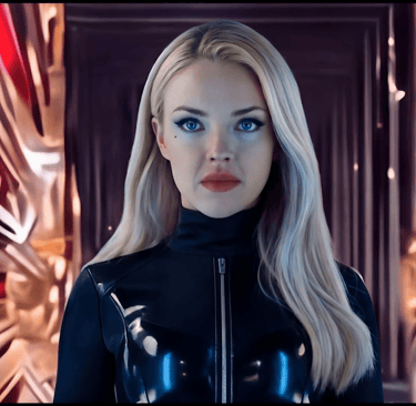 Blonde woman in a black latex catsuit standing in a futuristic metallic corridor with red glowing lights.