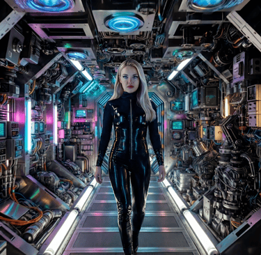 Blonde woman in a black latex bodysuit walking through a futuristic sci-fi spaceship corridor.