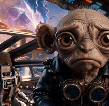 Small wide-eyed alien pilot in a leather jacket on a futuristic spaceship with a robot co-pilot.