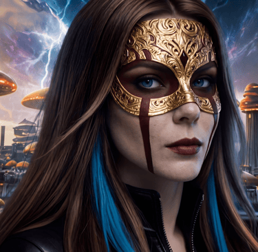 A fantasy woman in a gold filigree mask stands before a surreal landscape of glowing giant mushrooms.