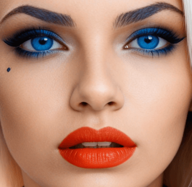 Blonde woman with vibrant blue eyes, bold winged eyeliner, and matte red lipstick makeup look.