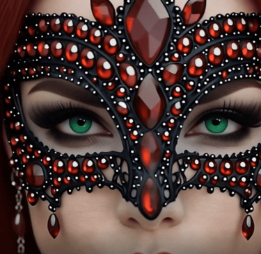 A woman with green eyes and red hair wearing an intricate black masquerade mask adorned with ruby red gems.