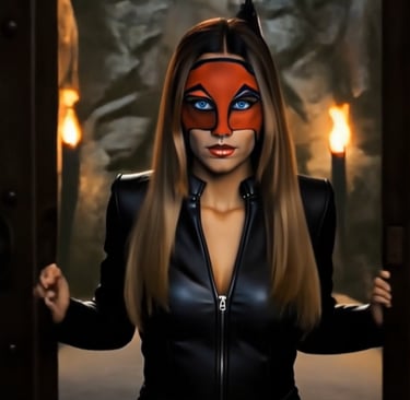 A woman in a black leather suit and orange fox mask standing between open gothic doors with torches.