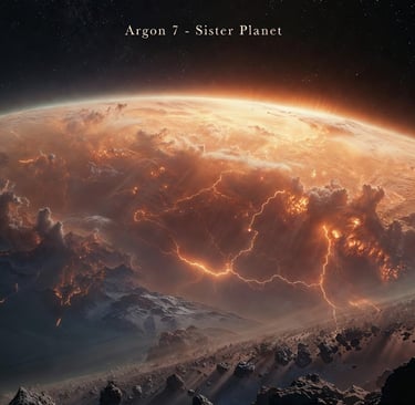 A cinematic view of exoplanet Argon 7 showing lightning storms and lava flows from space.