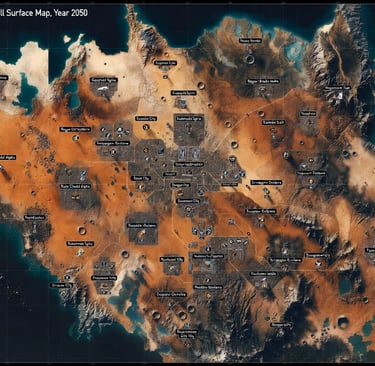 Detailed sci-fi topographic map of Argon 5 in year 2050 showing futuristic city locations and terrain.