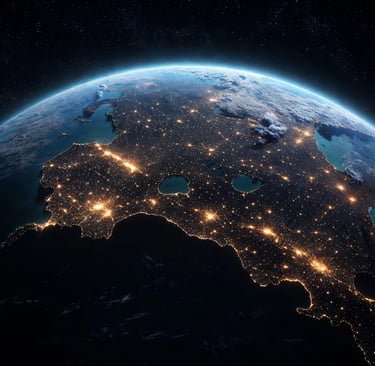 Satellite view of Real Earth at night showing glowing city lights across North America from space.