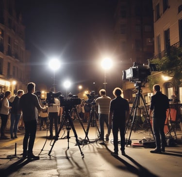 Large white letters spell out 'Hollywood' across a dry, vegetation-covered hillside under a bright blue sky. A tall communication tower stands nearby, surrounded by satellite dishes.