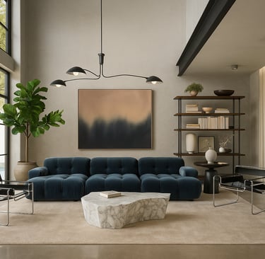 modern miami style living room with blue modern tufted couch