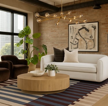 a modern traditional living room with a couch and a table and brick wall