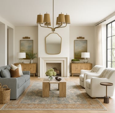 traditional living room with couch and fireplace 
