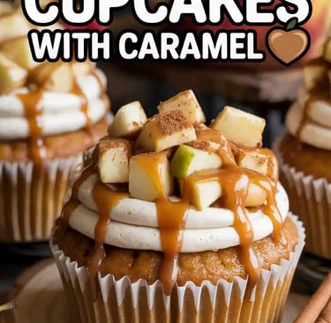 Cupcakes bursting with apple pie flavor, cinnamon spice, and caramel drizzle, styled w/ rustic wood.