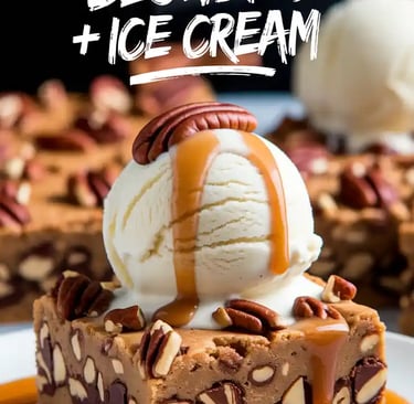 Warm maple pecan blondie topped with vanilla ice cream and syrup drizzle.