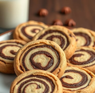 a plate of cookies with chocolate swirly cookies