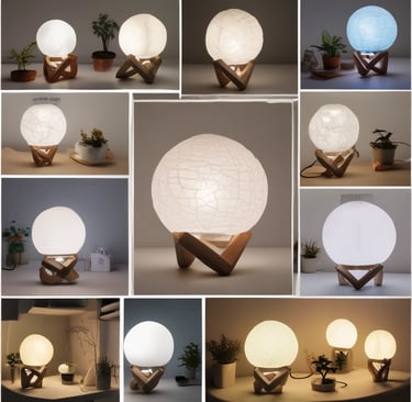 a yellow moon lamp sitting on top of a wooden stand