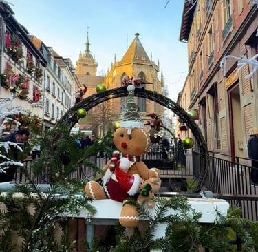 a teddy bear sitting on a bench in a city