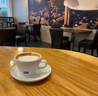 a cup of coffee on a table in a restaurant