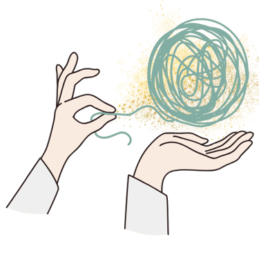 una mano che districa una matassa intrecciata con sfondo dorato, la psicoterapia sciogli i nodi 