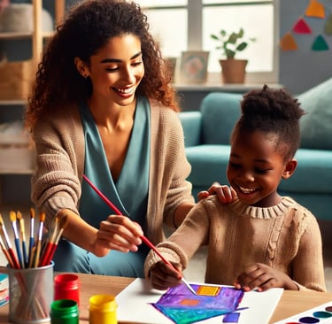 a woman and child are smiling and playing with paint