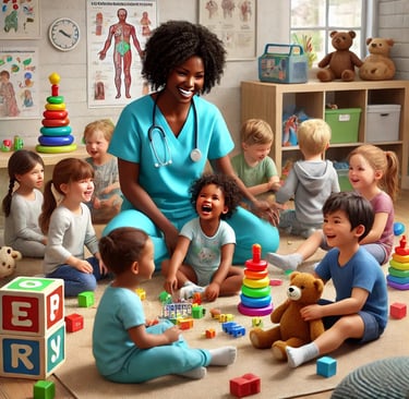 a nurse and children playing with blocks and toys