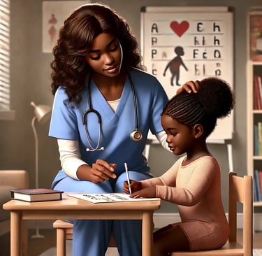 a nurse and child in a room with a nurse