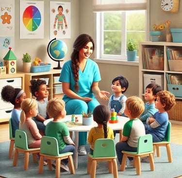 a woman sitting at a table with children's toys