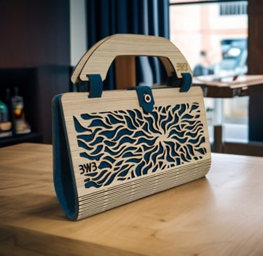 a wooden purse with a wooden handle and a wooden handle
