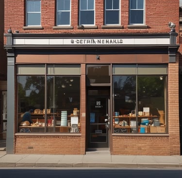 A charming bakery storefront with a brick and pastel blue facade. The lettering on the sign reads 'Main Street Bakery', adorned with small decorative bulbs. The awning is a bright blue, complementing the calm and inviting exterior. Next door, another shop offers fresh goods like bread, cookies, and cakes, as indicated by the signage.