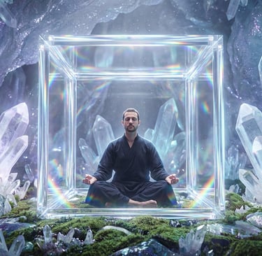 Homme qui médite dans un cube solides de platon