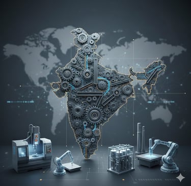 Digital illustration of India’s map constructed from gears, CNC machines, and industrial robotics, r