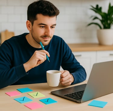 Ondernemer die aan de keukentafel zit en graag Marketinghulp wil