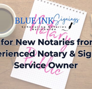 Blog graphic with a cup of coffee, a couple of rubber stamps & a note pad that reads notary public