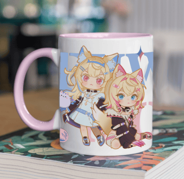 a mug cupcake with a picture of two girls in the background