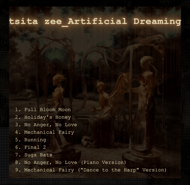 Code-style lettering of song list for "Artificial Dreaming" above darkened front image.